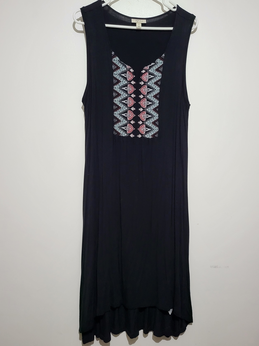 Style & Co. Black Sleeveless Maxi Dress with Pink & Light Blue Embroidery